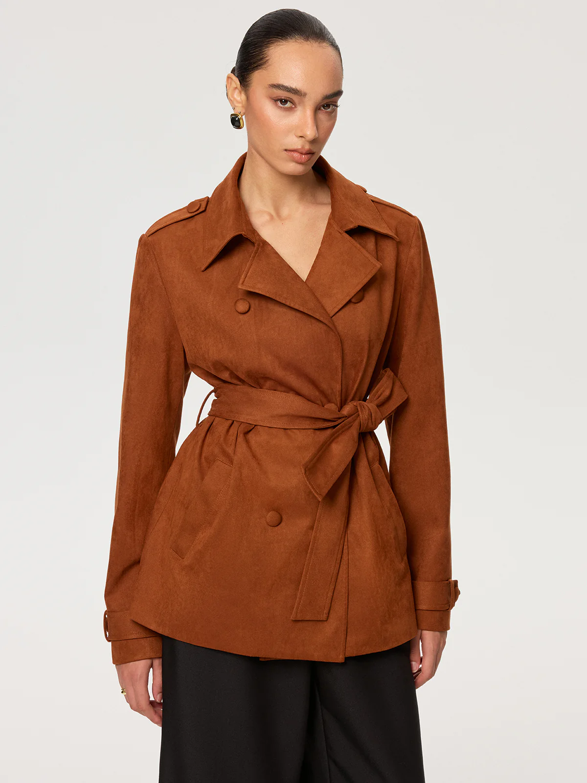 Suede Effect Belted Trench Coat