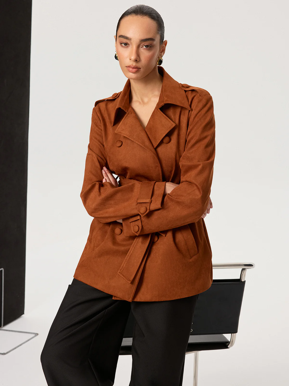 Suede Effect Belted Trench Coat - Image 3