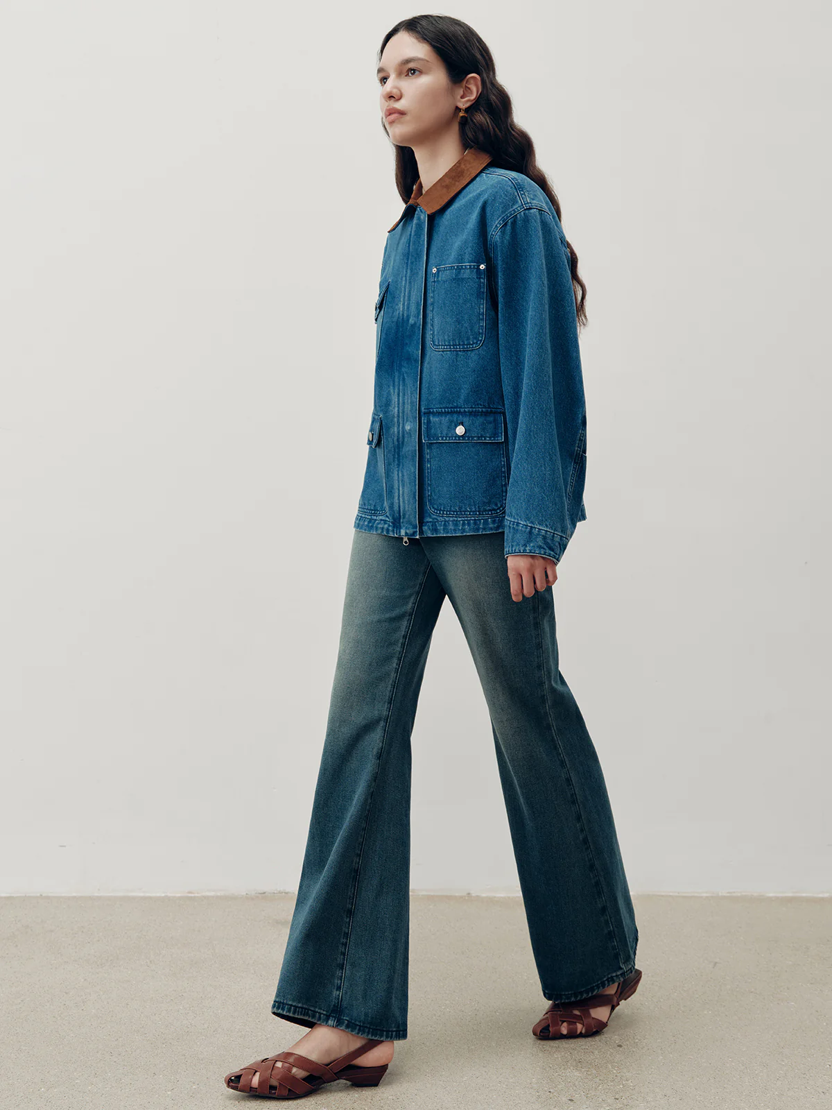 Suede Collar Zip-Front Denim Jacket - Image 6