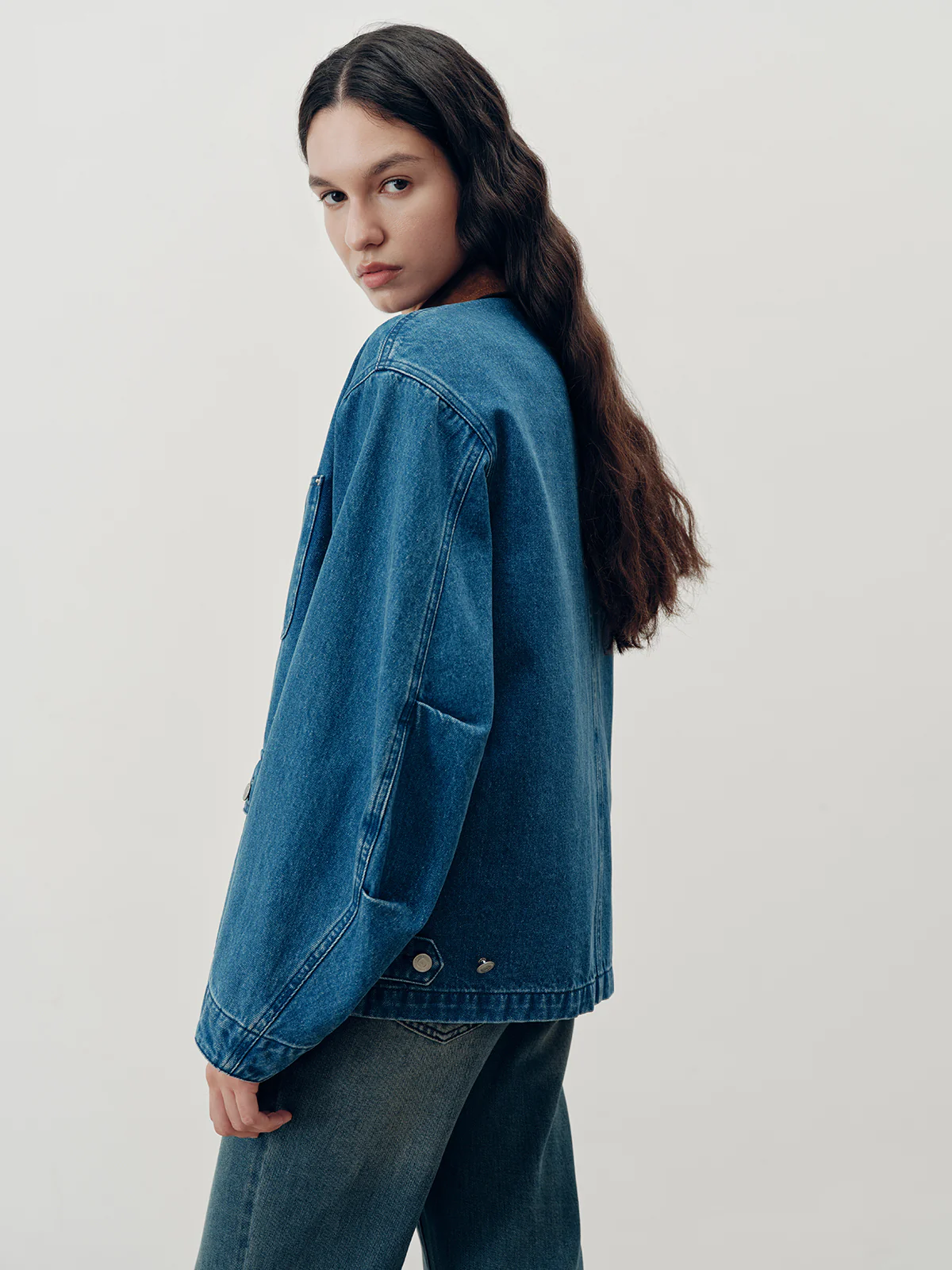 Suede Collar Zip-Front Denim Jacket - Image 8