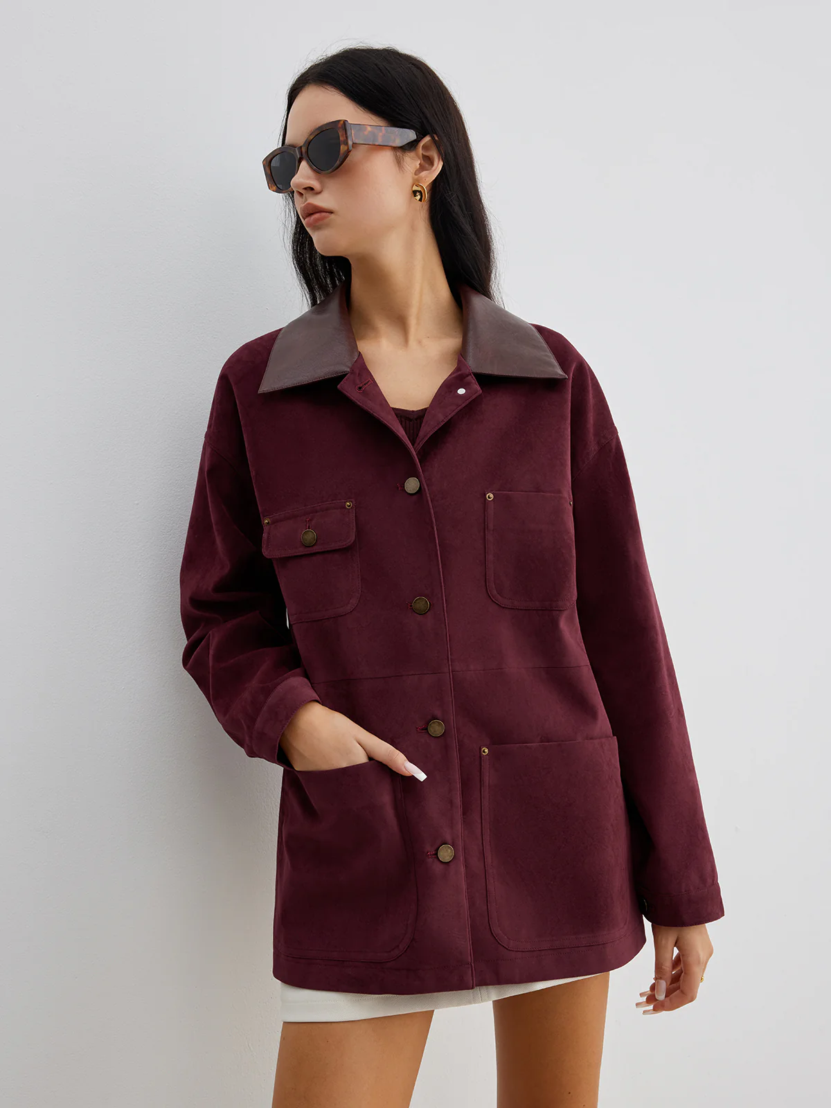 Suede Effect Contrast Collar Pockets Jacket - Image 2