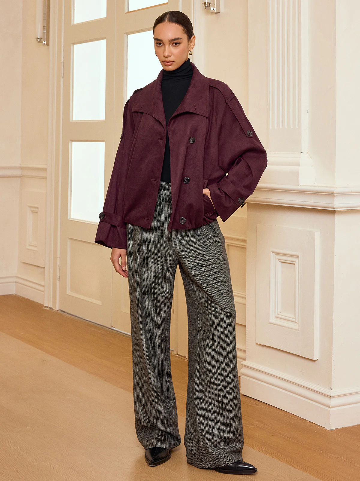 Suede Effect Cropped Trench Jacket - Image 3