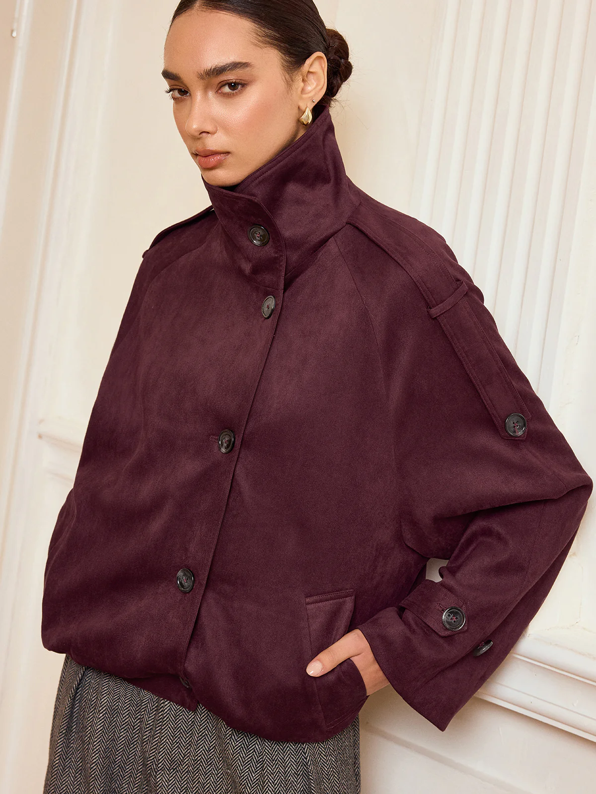 Suede Effect Cropped Trench Jacket - Image 4