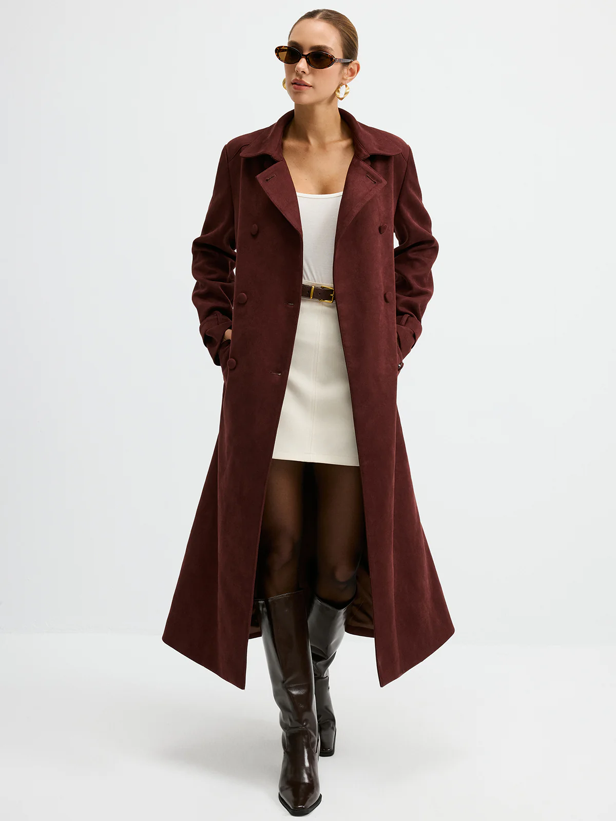 Suede Effect Double-Breasted Long Trench Coat - Image 2