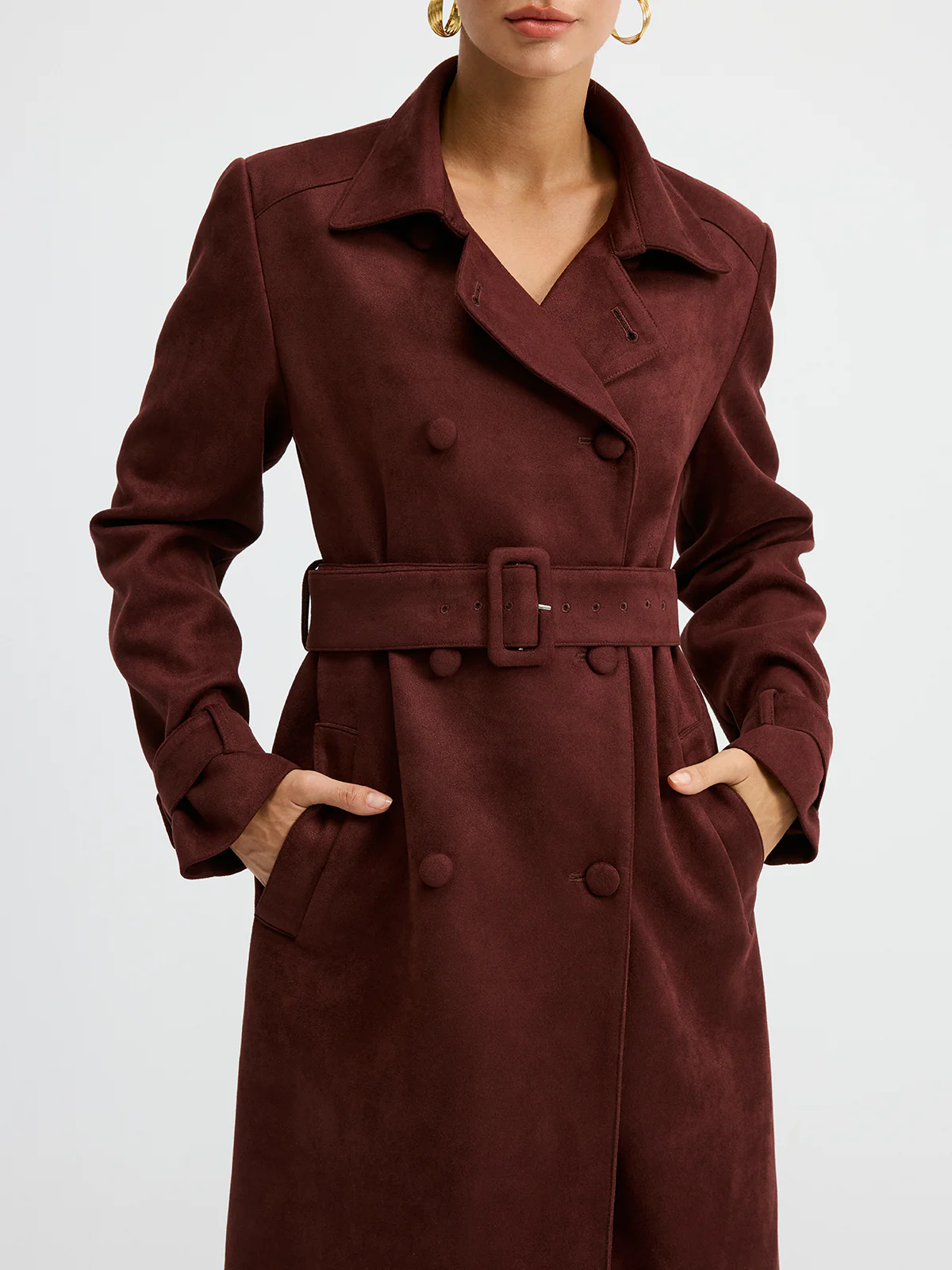 Suede Effect Double-Breasted Long Trench Coat - Image 4