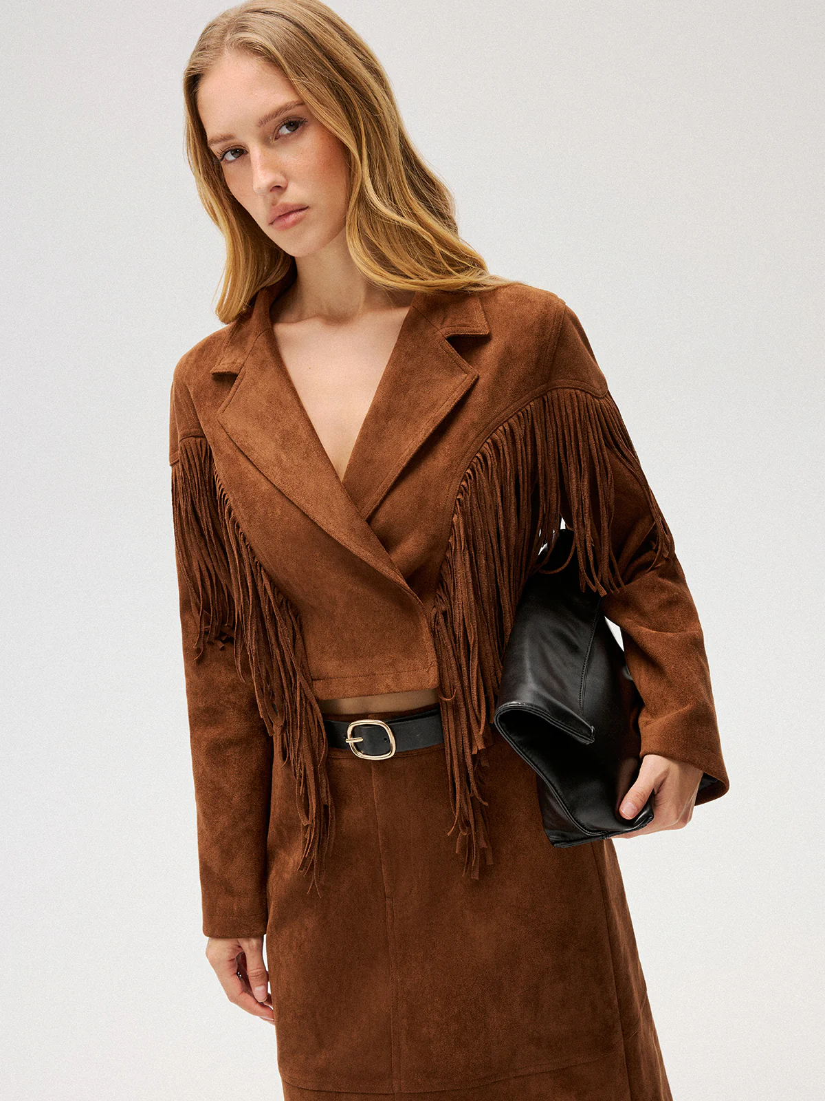 Suede Effect Fringe Cropped Blazer