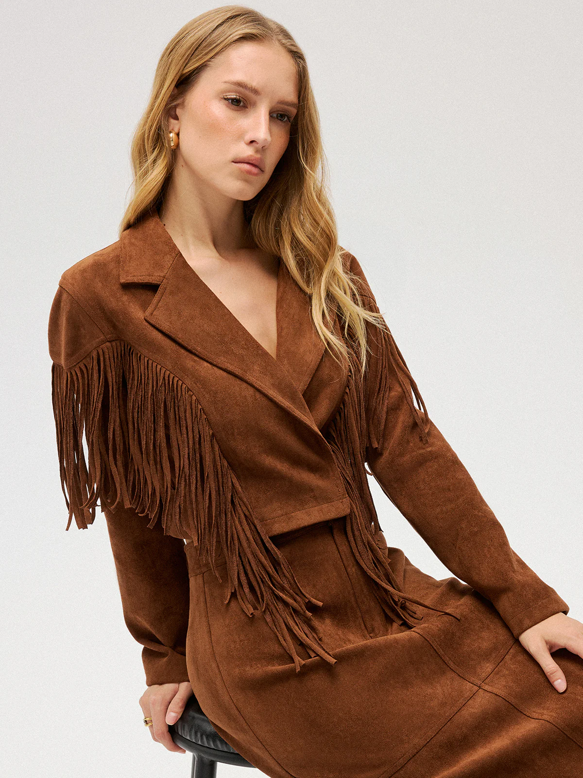 Suede Effect Fringe Cropped Blazer - Image 2