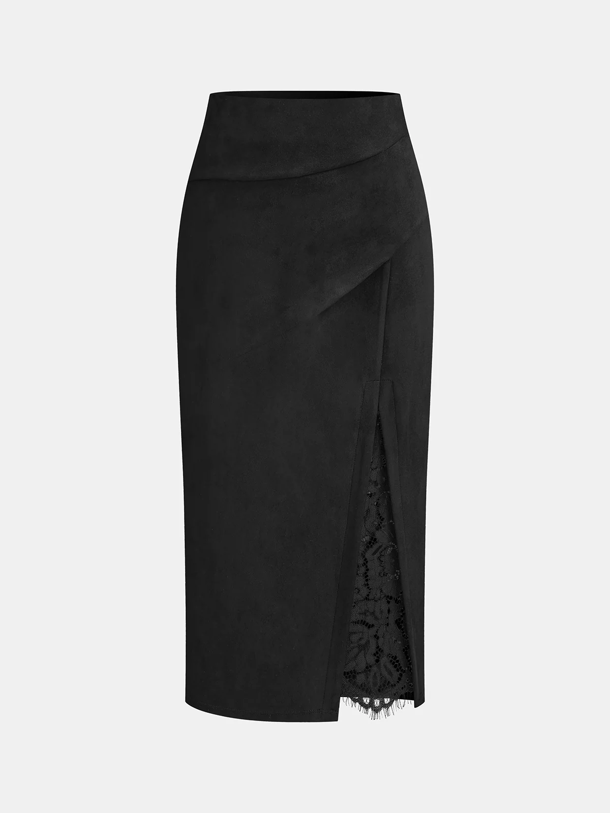 Suede Effect Lace-Slit Midi Skirt