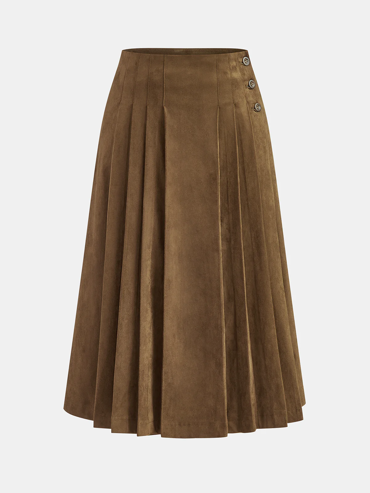 Suede Effect Pleated Button Detail Midi Skirt