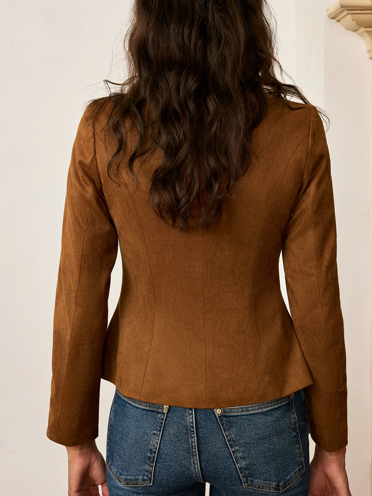 Suede Effect Fitted Metal Button Jacket - Image 6
