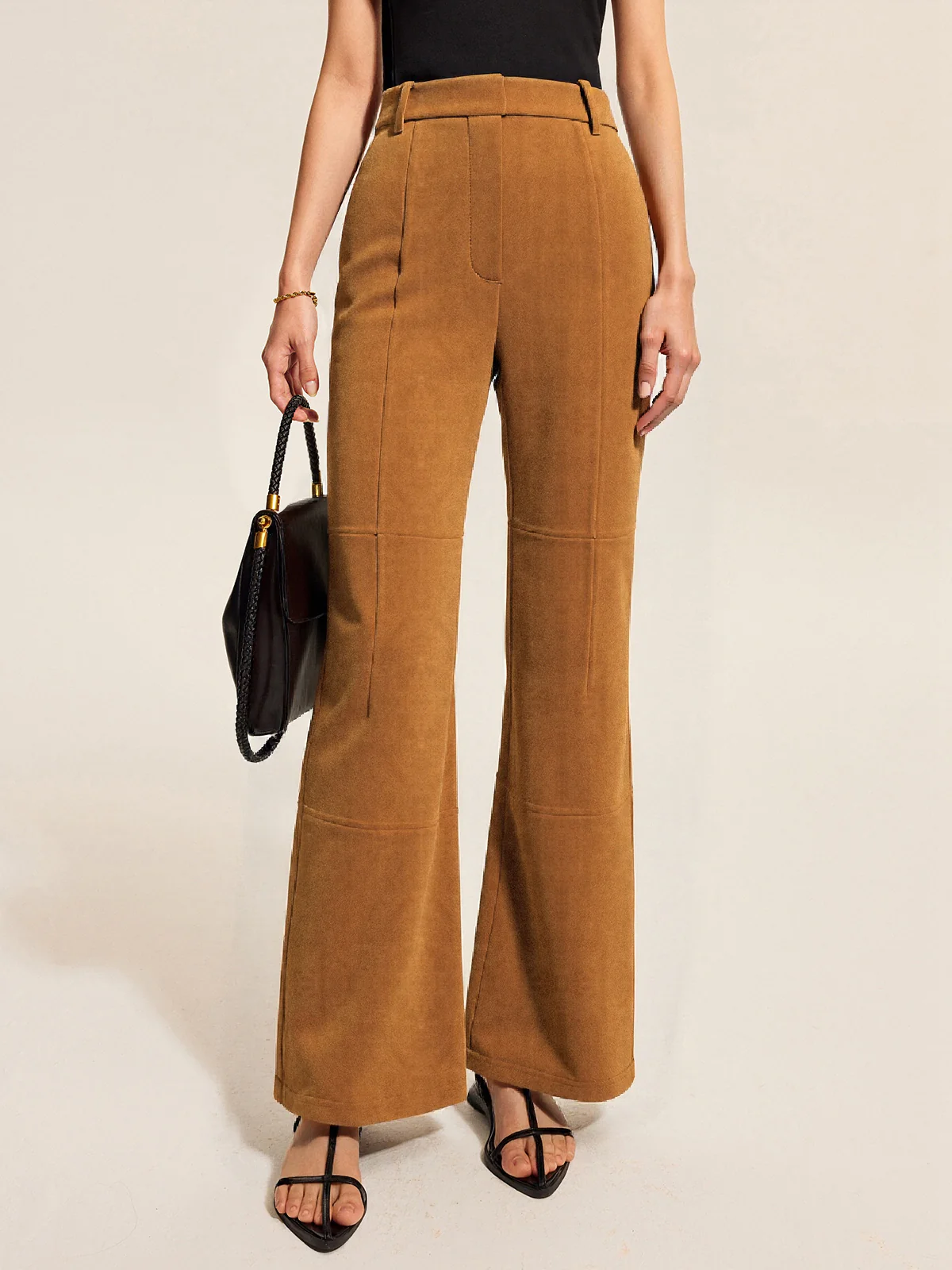 Suede Effect Mid-Waist Paneled Pants - Image 2