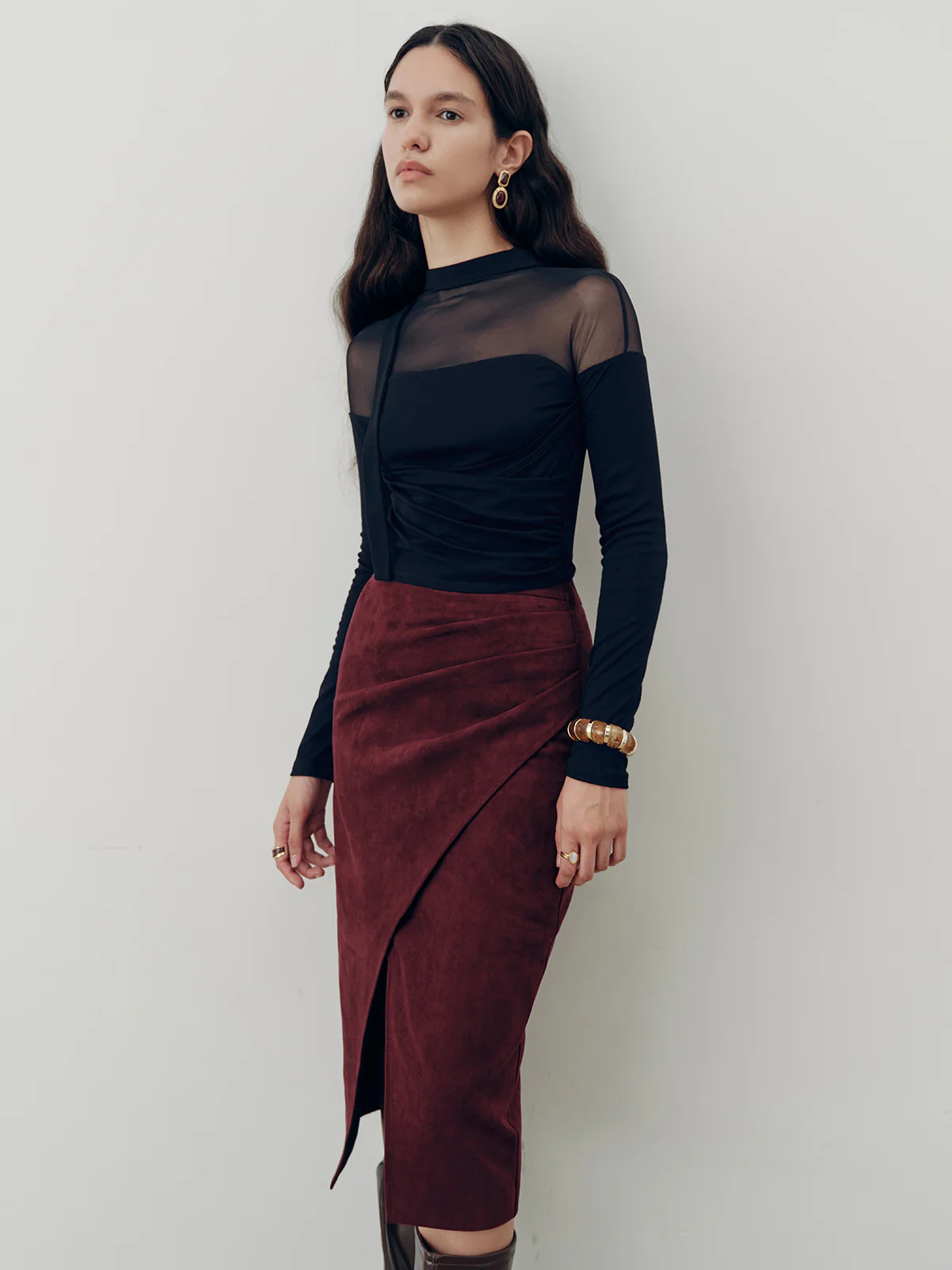 Suede Effect Pleated Slit Midi Skirt - Image 2