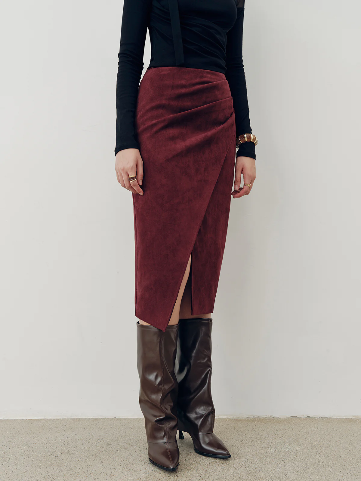 Suede Effect Pleated Slit Midi Skirt - Image 3