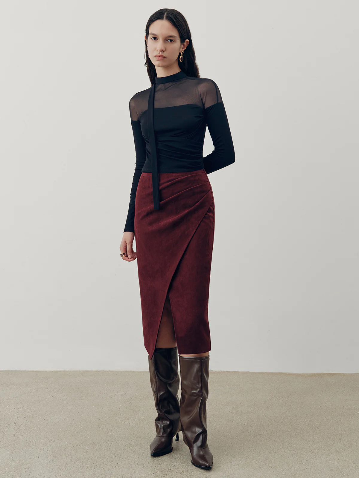 Suede Effect Pleated Slit Midi Skirt - Image 4