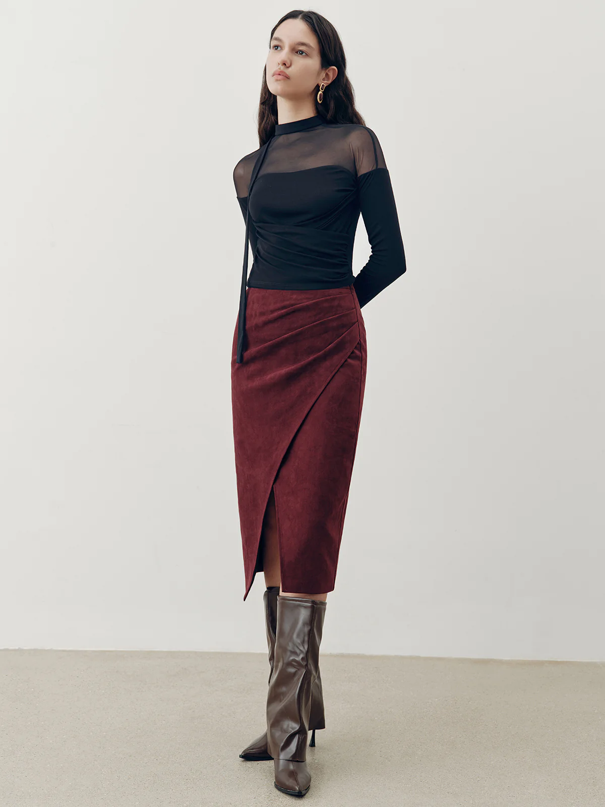 Suede Effect Pleated Slit Midi Skirt - Image 5