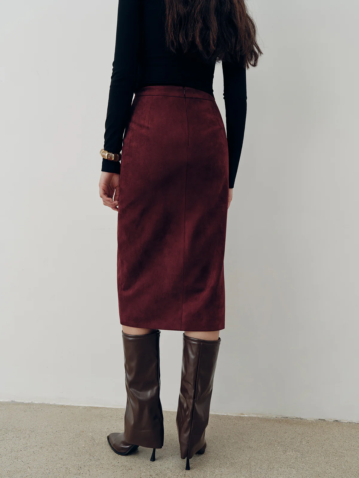 Suede Effect Pleated Slit Midi Skirt - Image 6