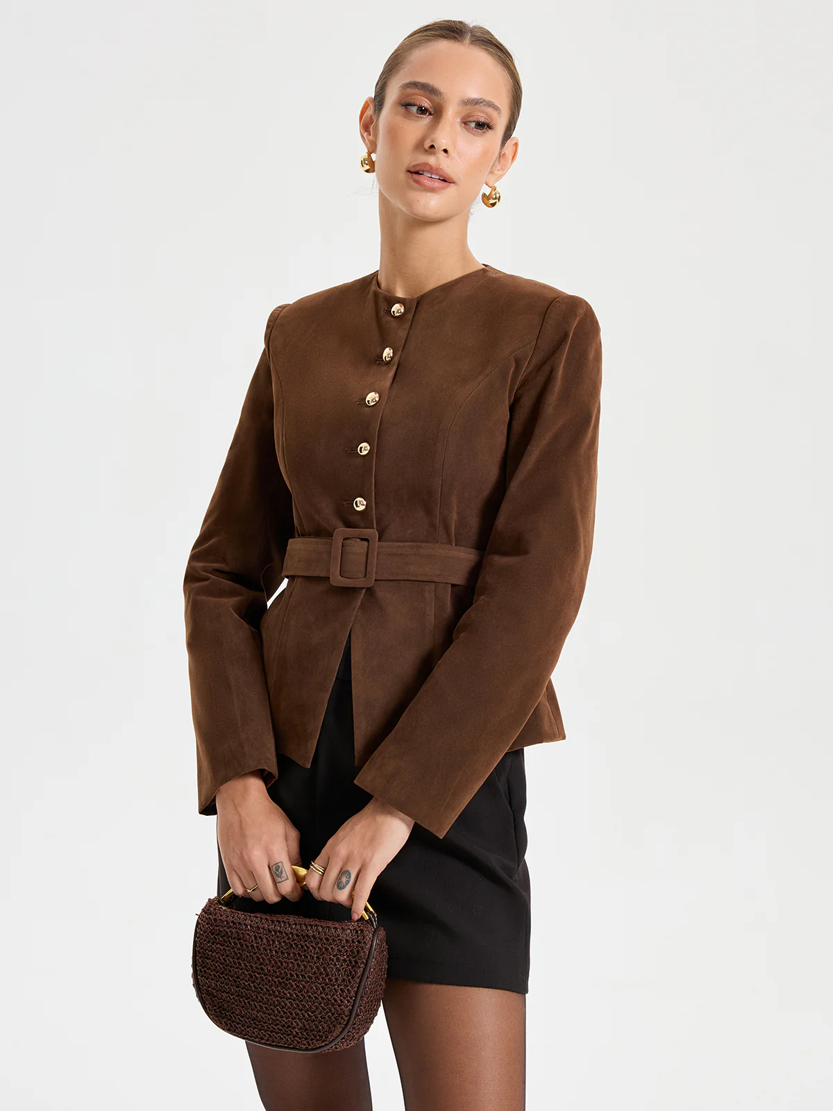 Belted Suede Effect Metal Button Blazer - Image 2