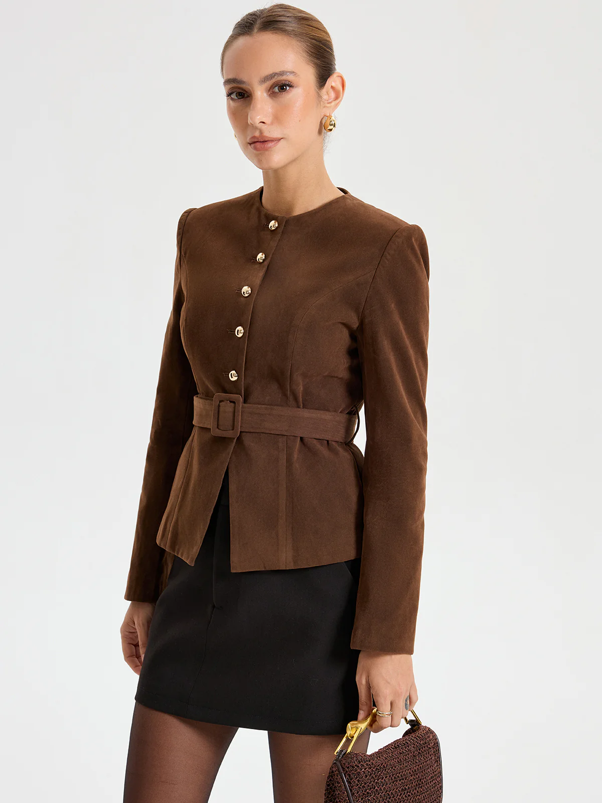 Belted Suede Effect Metal Button Blazer - Image 3