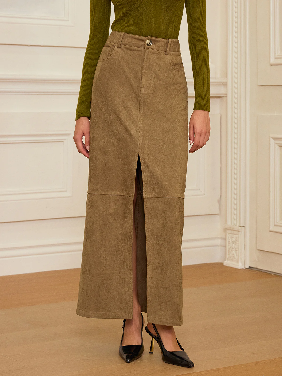 Suede Effect Slit-Front Maxi Skirt