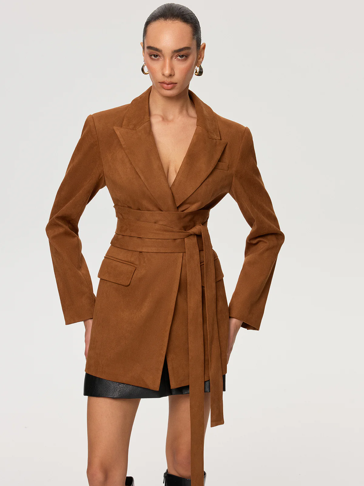 Suede Effect Tie-Waist Blazer - Image 3