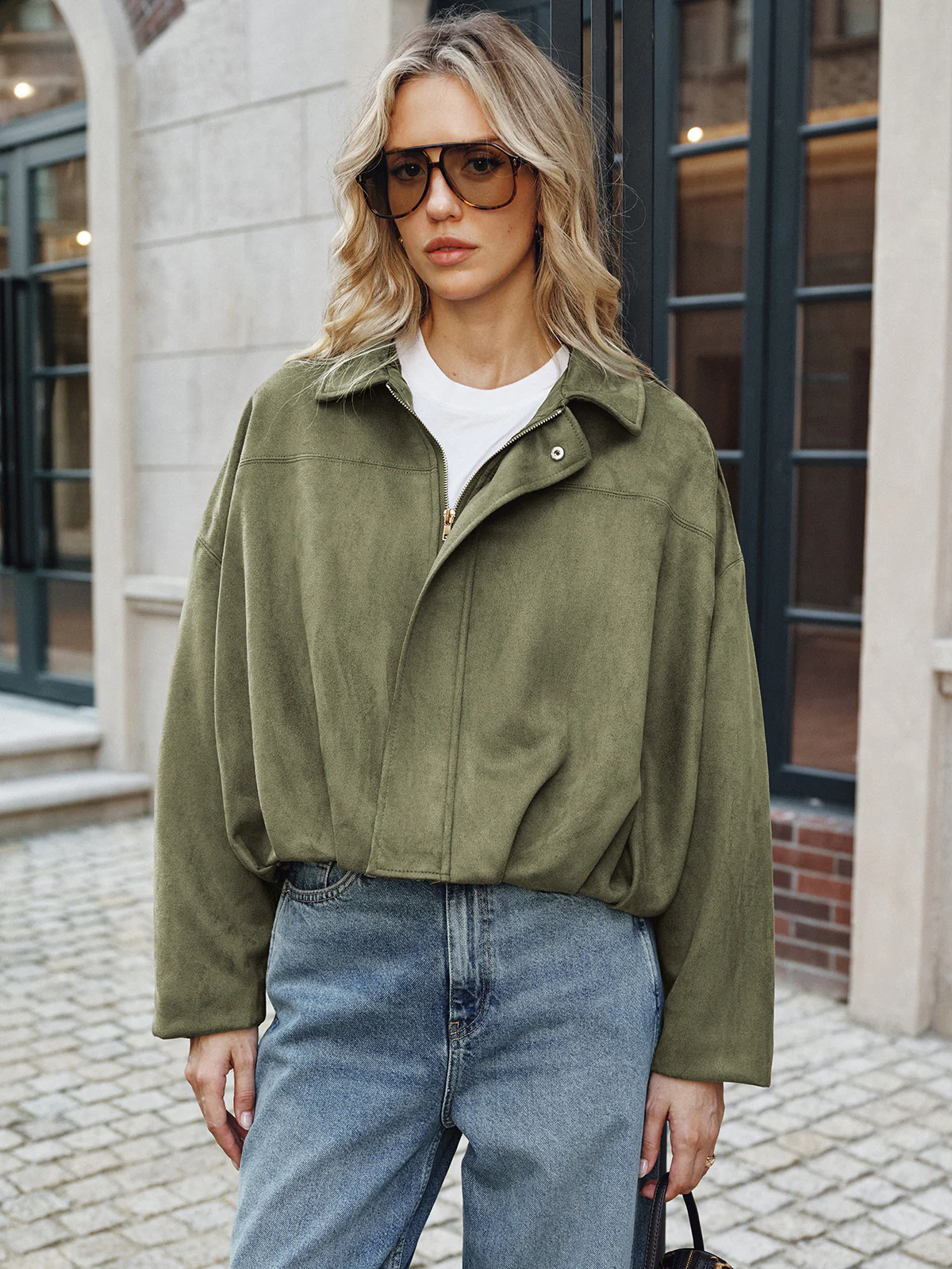 Suede Effect Zip-Up Collared Jacket - Image 4