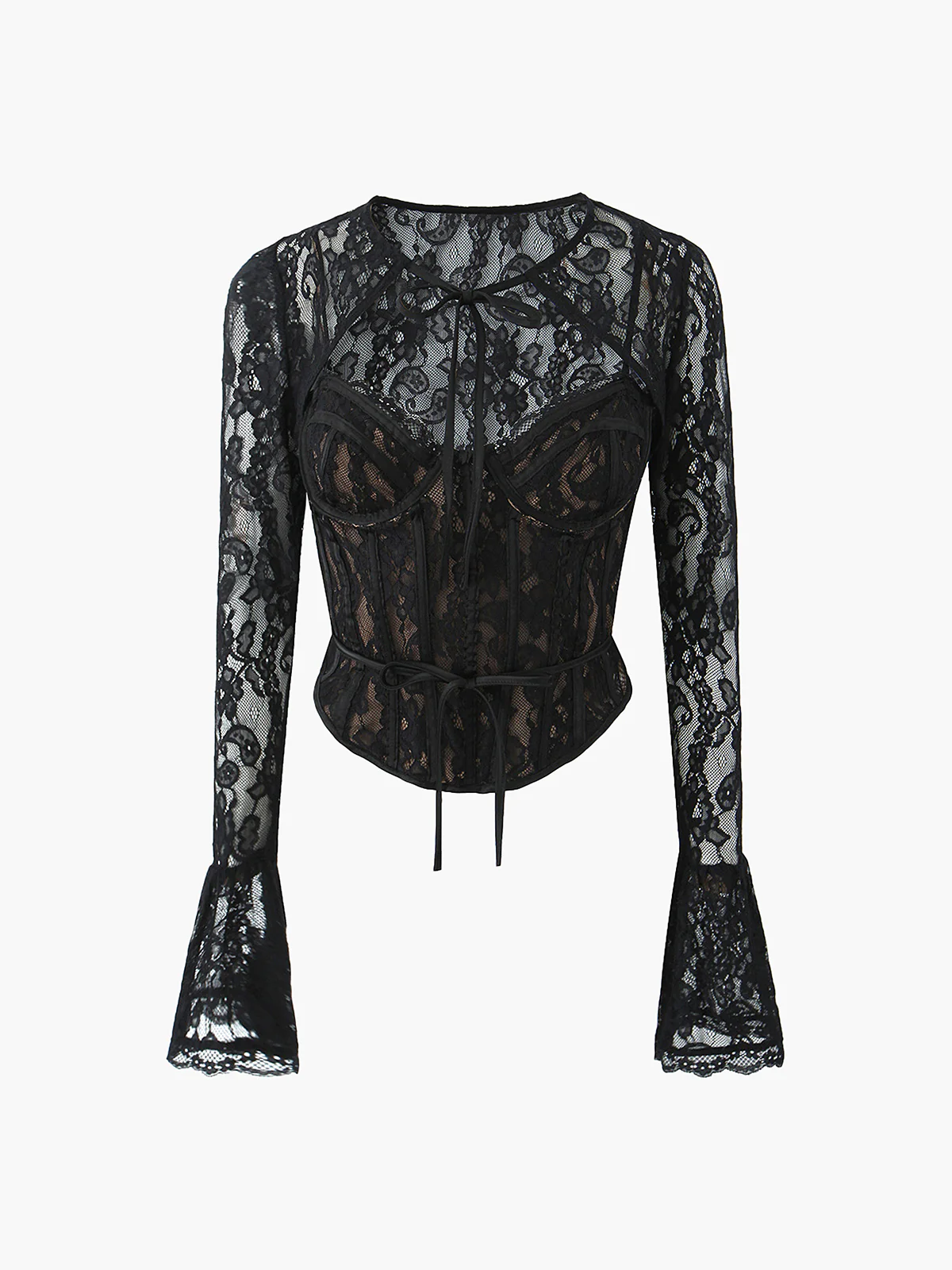 Semi-Sheer Sweetheart Neck Lace Tie Top - Image 2