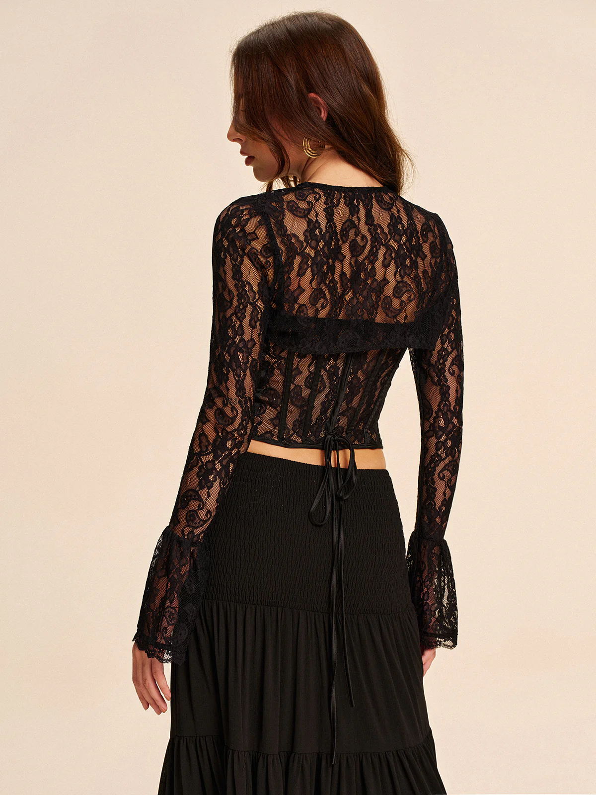 Semi-Sheer Sweetheart Neck Lace Tie Top - Image 7