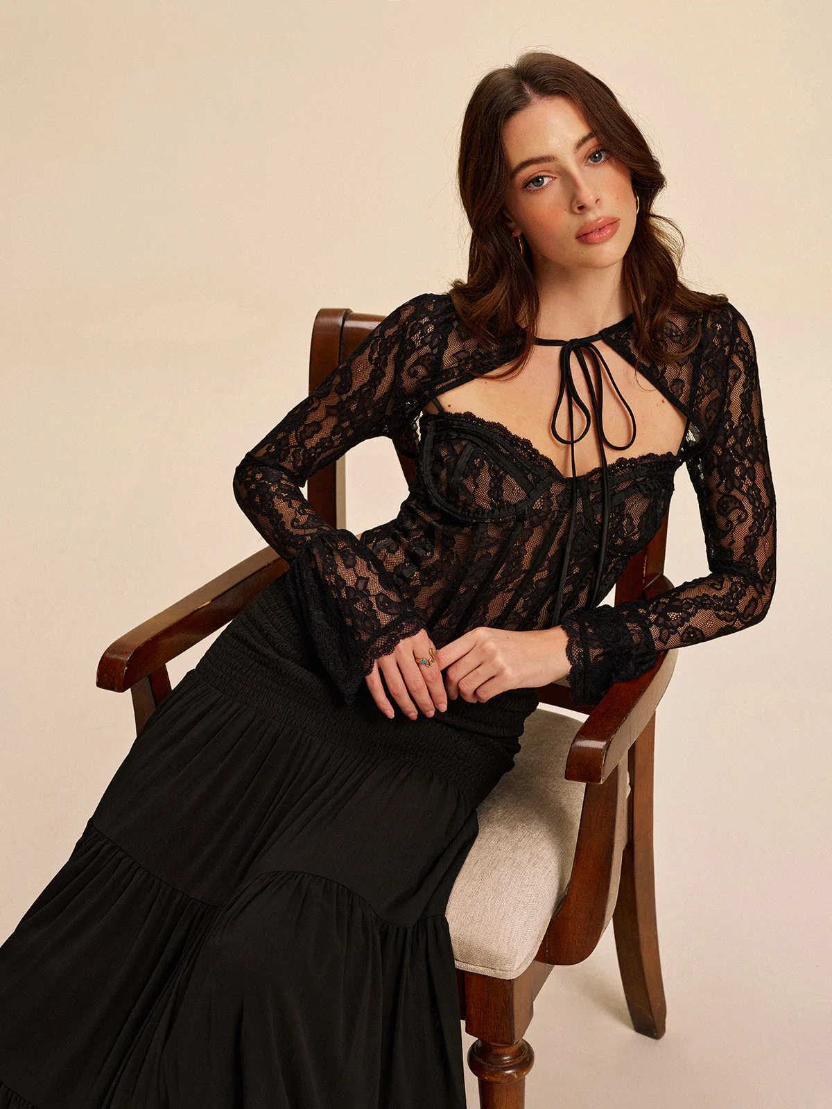 Semi-Sheer Sweetheart Neck Lace Tie Top - Image 8