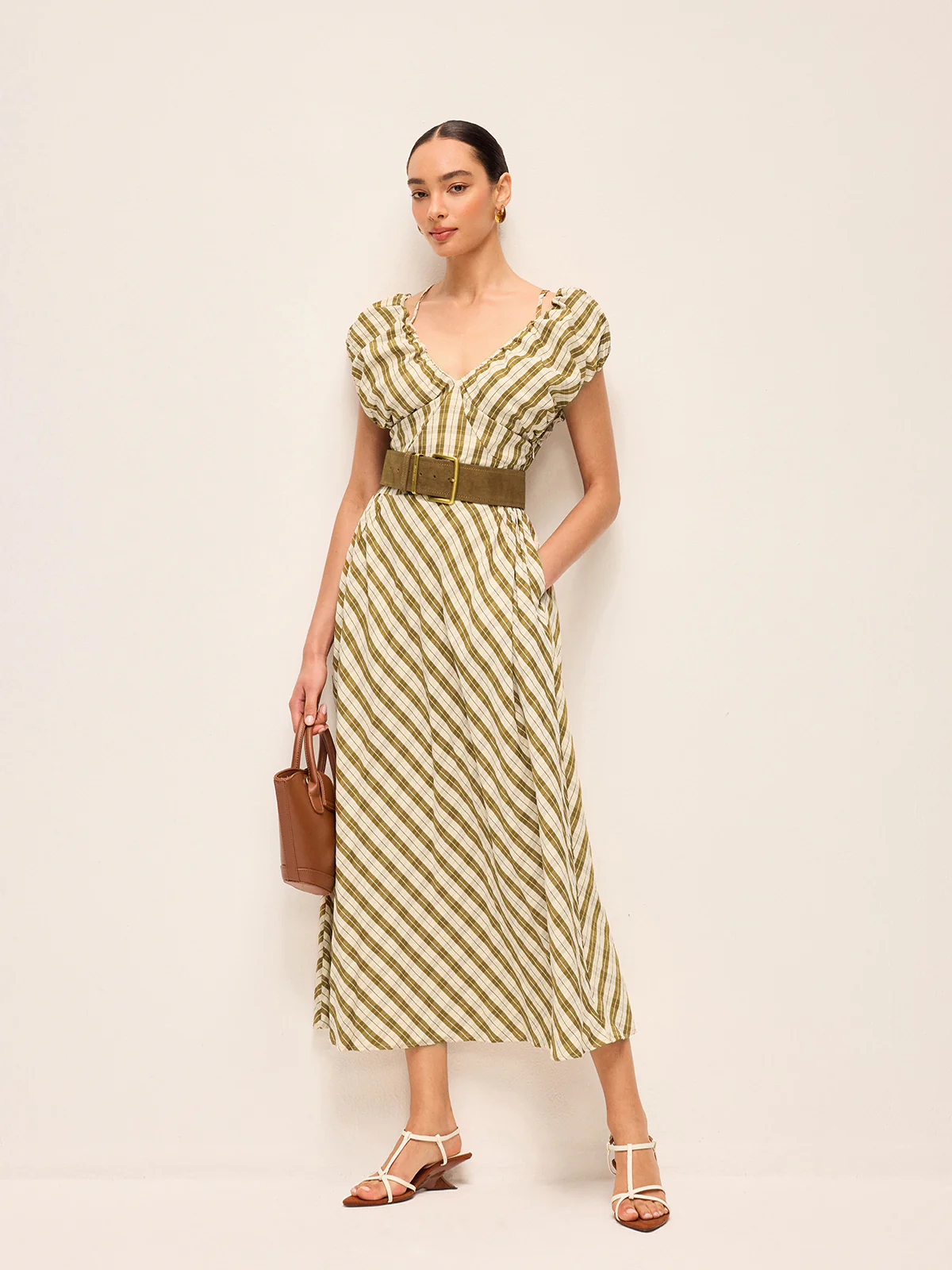 Sweetheart Neck Puff Sleeve Plaid Dress Without Belt - Image 2