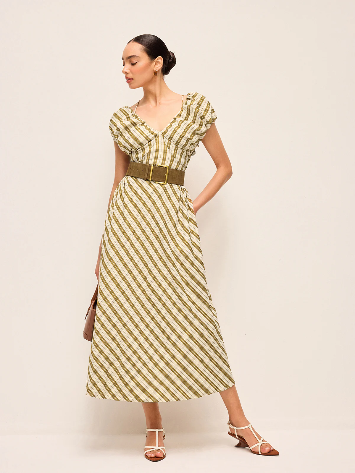 Sweetheart Neck Puff Sleeve Plaid Dress Without Belt - Image 3