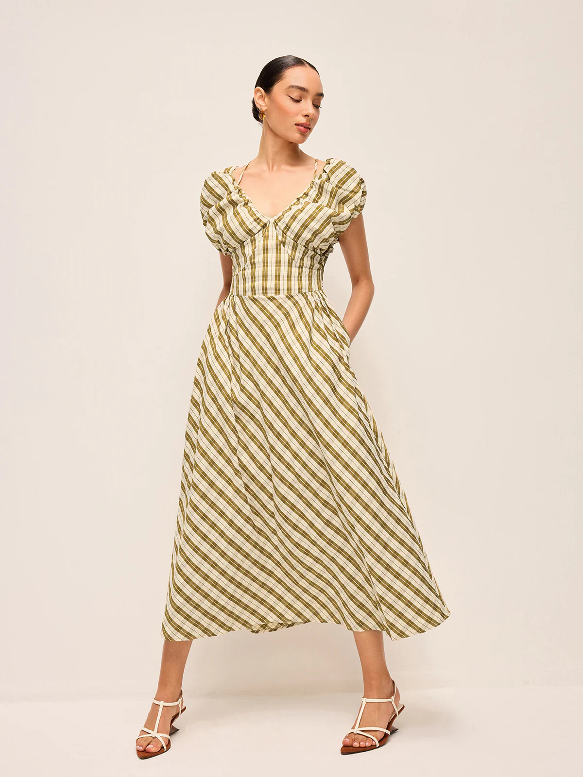 Sweetheart Neck Puff Sleeve Plaid Dress Without Belt - Image 4