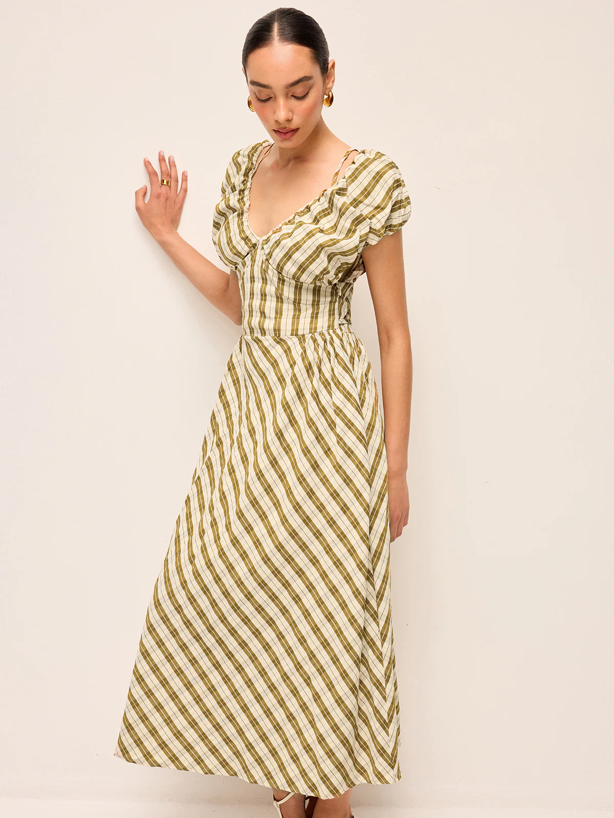 Sweetheart Neck Puff Sleeve Plaid Dress Without Belt - Image 5