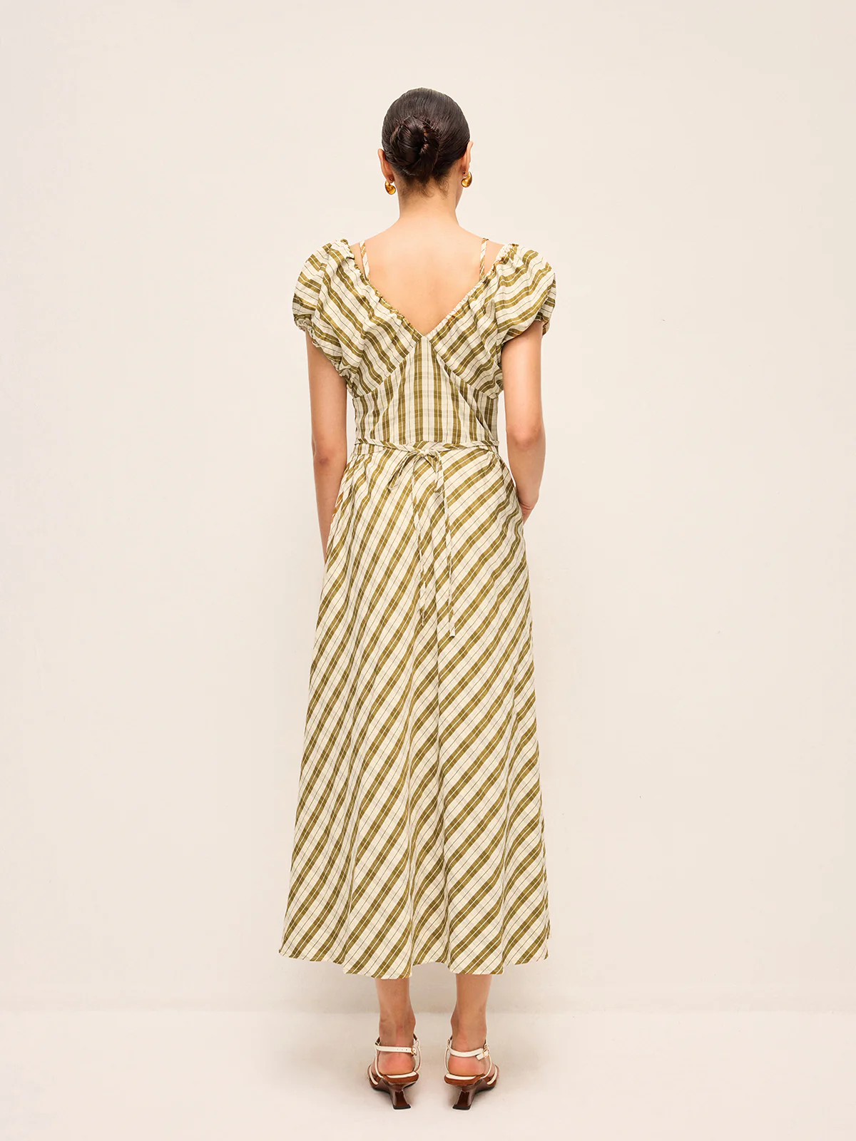 Sweetheart Neck Puff Sleeve Plaid Dress Without Belt - Image 6