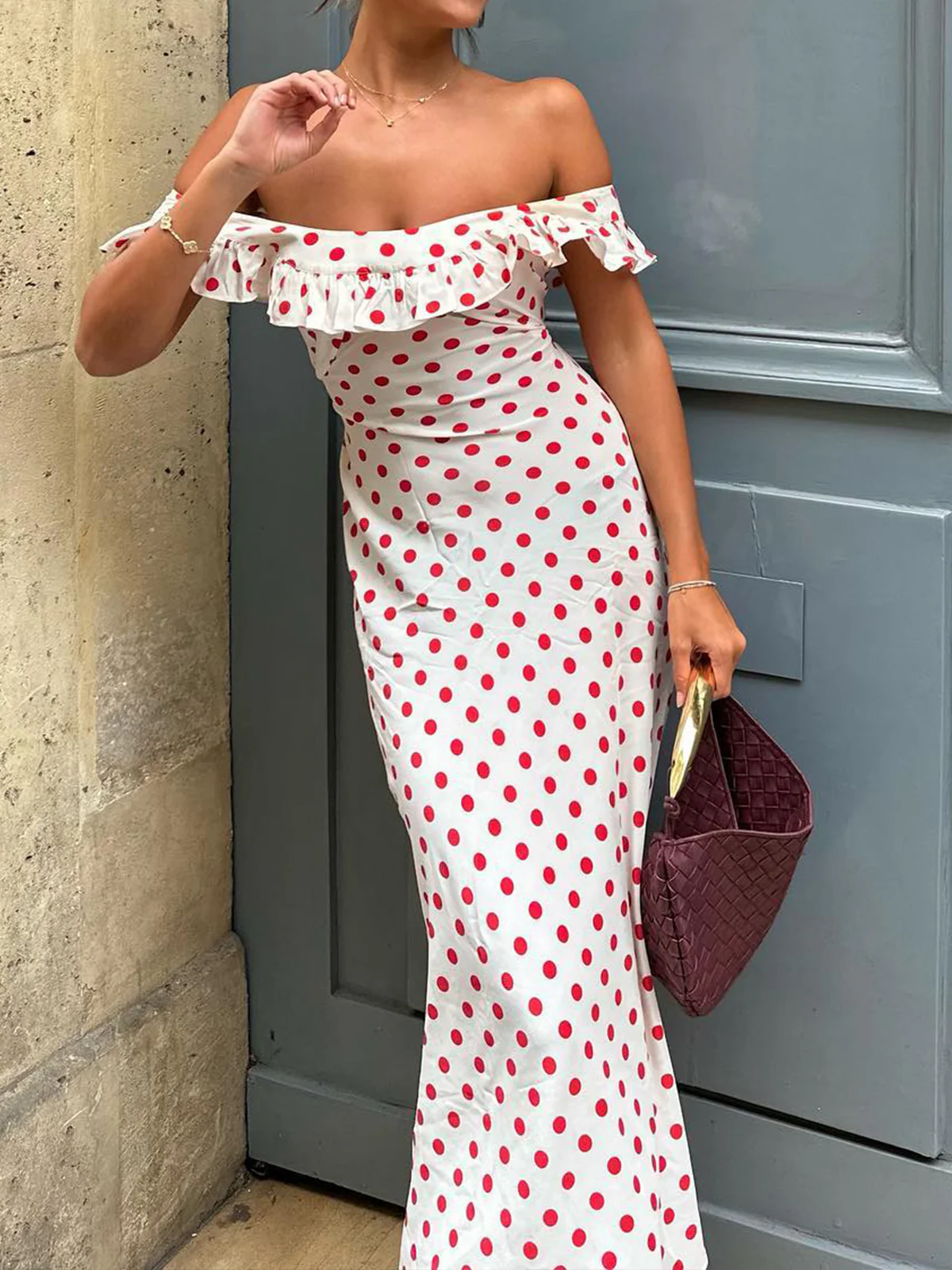 Semi-Sheer Polka Dot Ruffle Hem Off-Shoulder Long Dress - Image 2