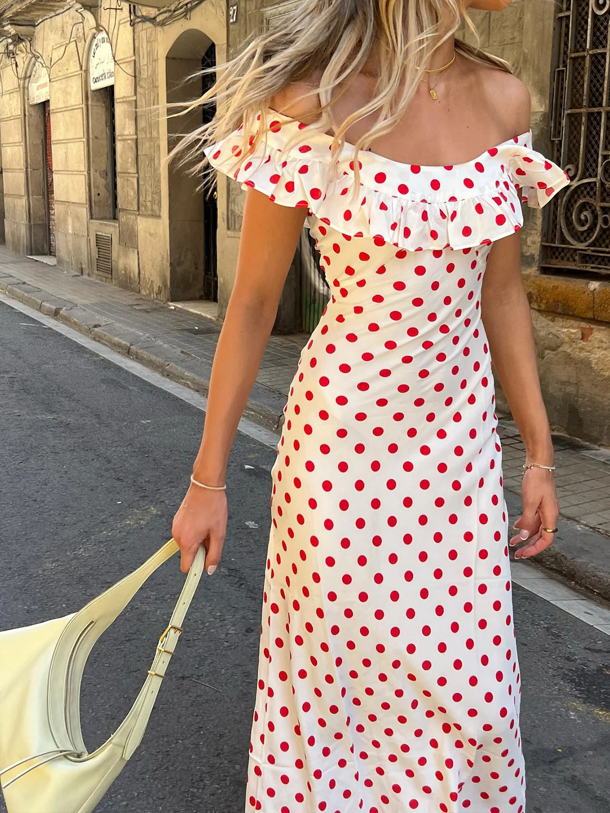 Semi-Sheer Polka Dot Ruffle Hem Off-Shoulder Long Dress - Image 3