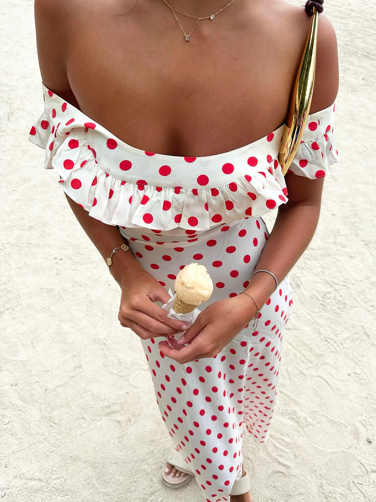 Semi-Sheer Polka Dot Ruffle Hem Off-Shoulder Long Dress - Image 5