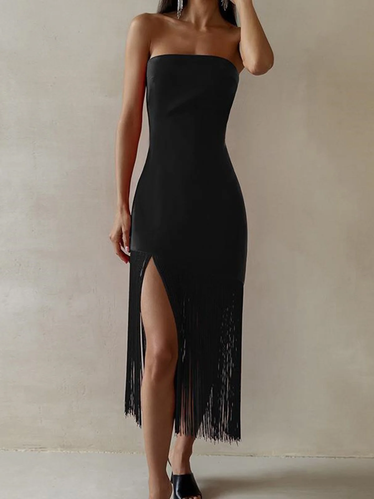 Tassel Patchwork Split Midi Dress - Image 2