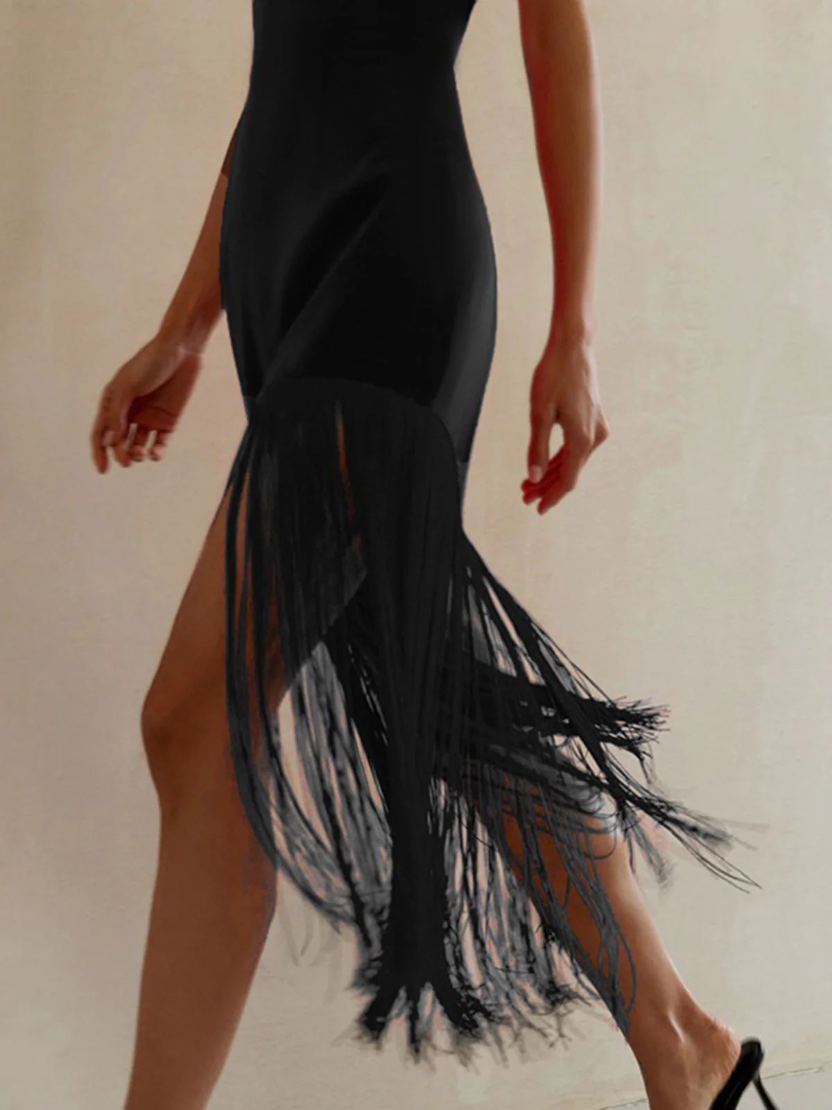 Tassel Patchwork Split Midi Dress - Image 3