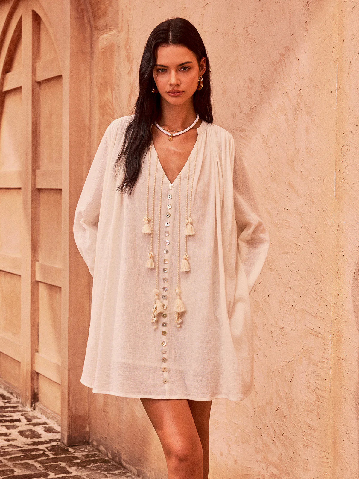 Tasseled Button Cotton Mini Dress - Image 4
