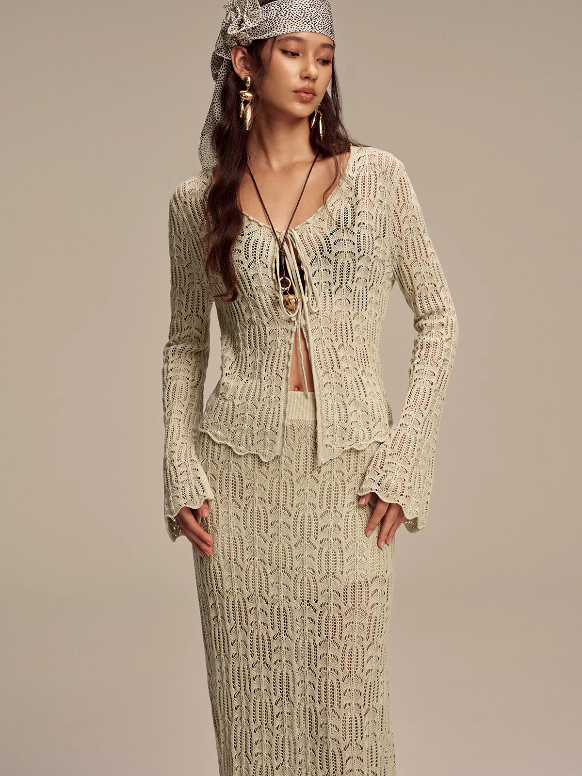 Tencel Flared Sleeve Knit Skirt Set - Image 5