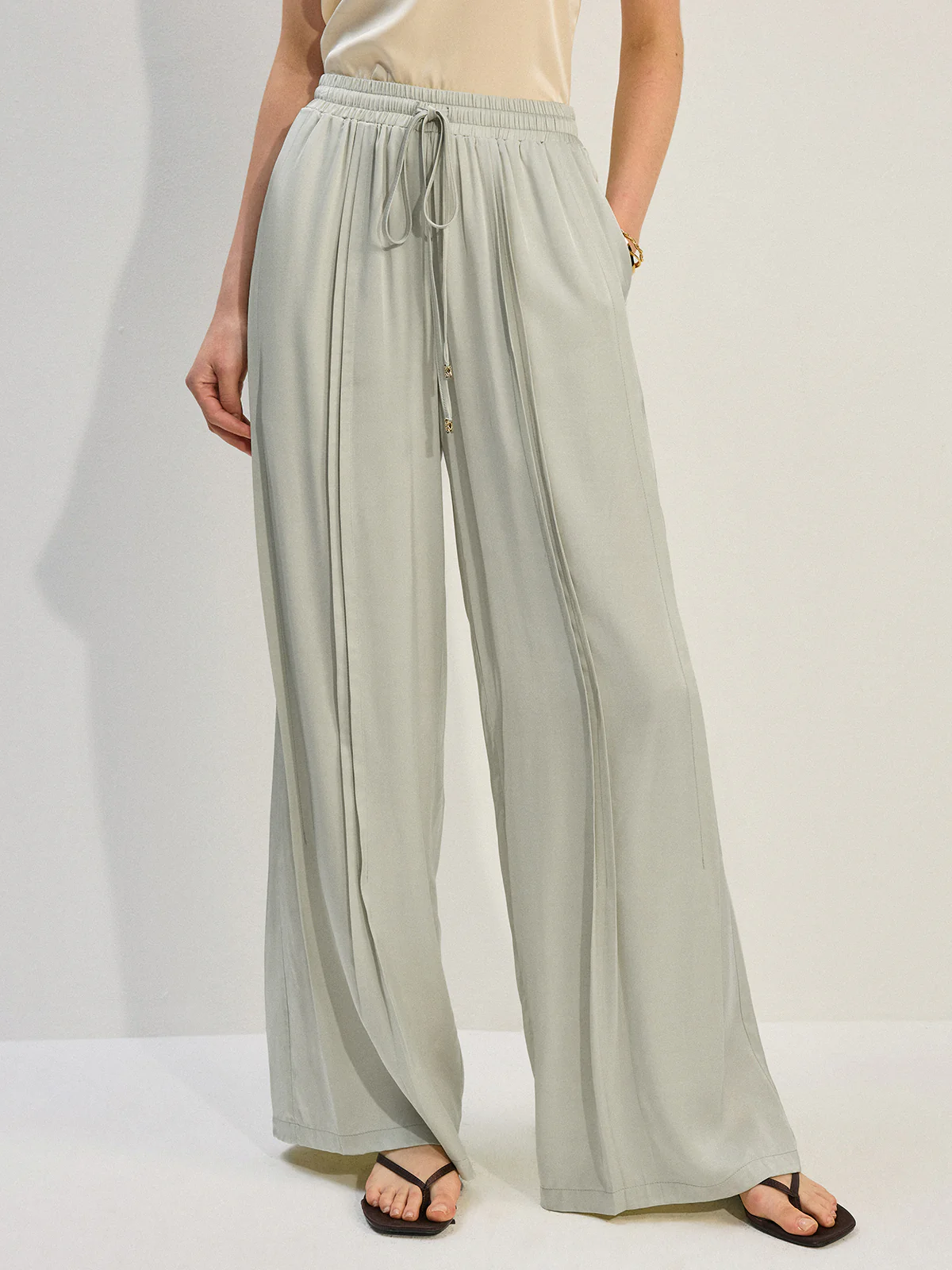 Tencel Rayon Satin Wide-Leg Pants with Pleats - Image 2