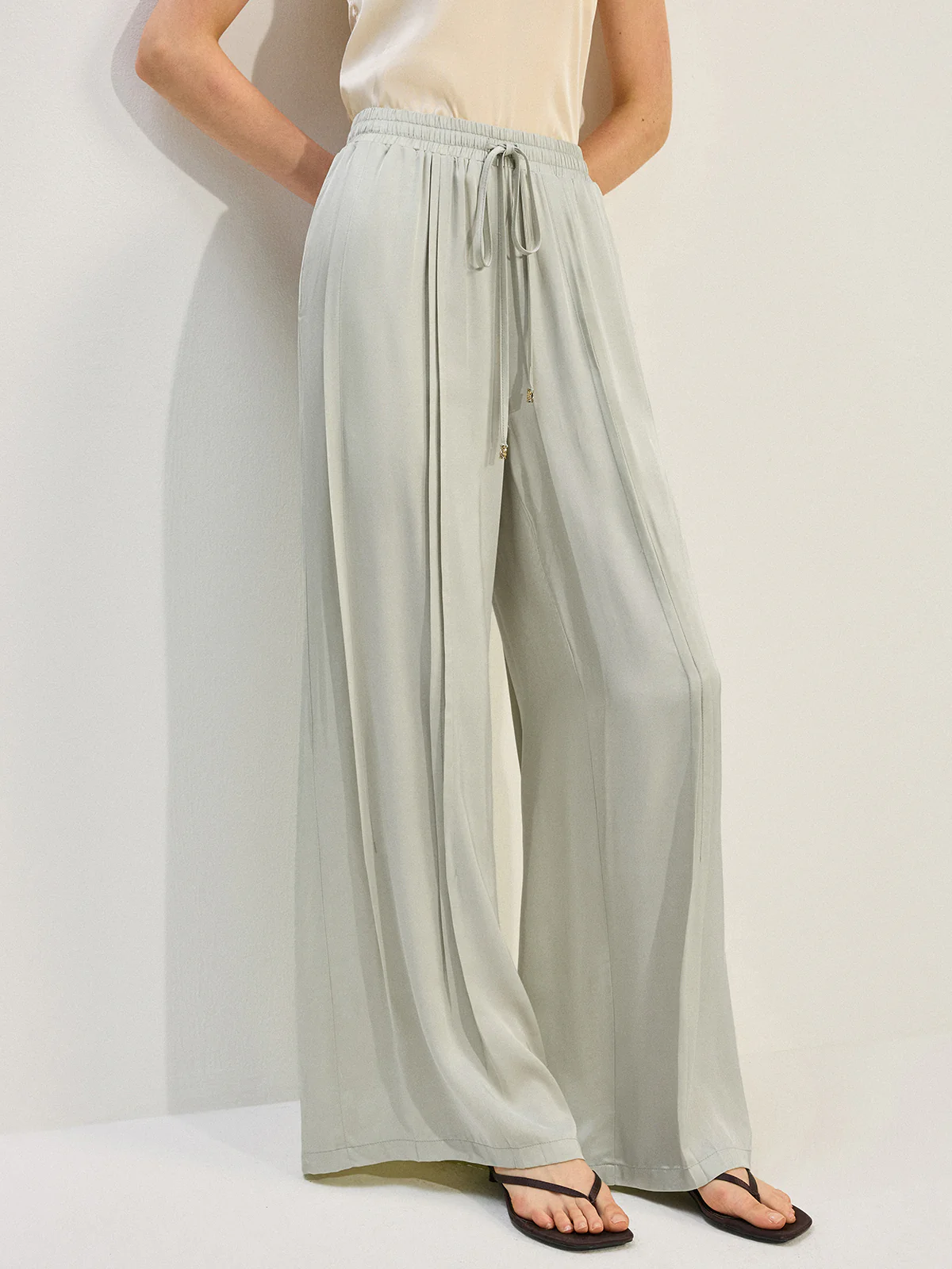 Tencel Rayon Satin Wide-Leg Pants with Pleats - Image 3