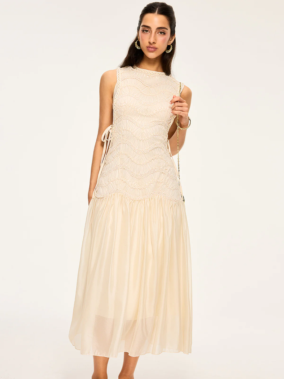 Semi-Sheer Textured Fabric Panel Tulle Dress - Image 3