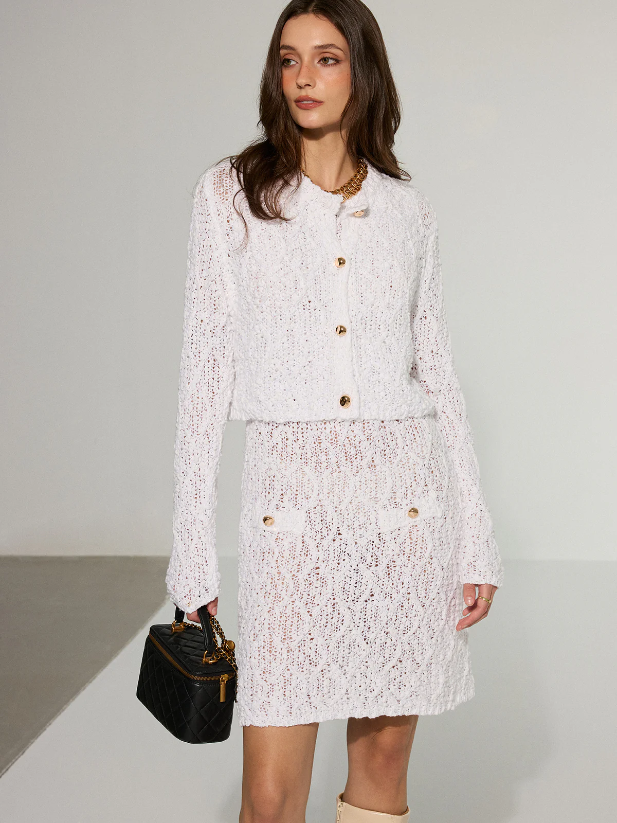 Textured Knit Cardigan and Dress Two-Piece Set
