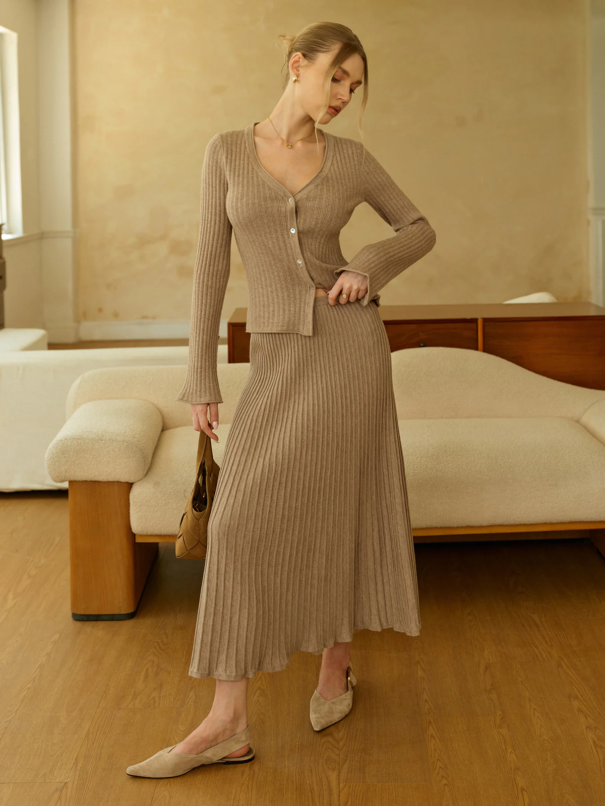 Textured Knit Cardigan and Midi Skirt Set - Image 3