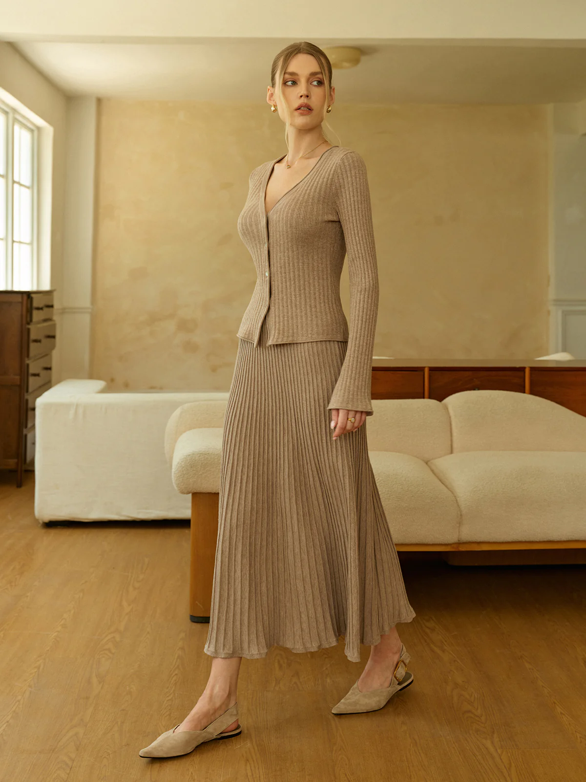 Textured Knit Cardigan and Midi Skirt Set - Image 5