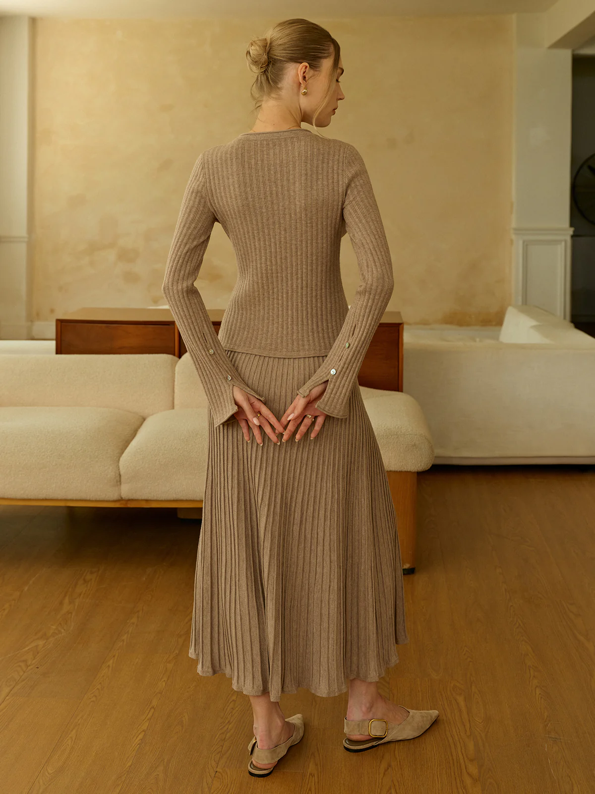 Textured Knit Cardigan and Midi Skirt Set - Image 7
