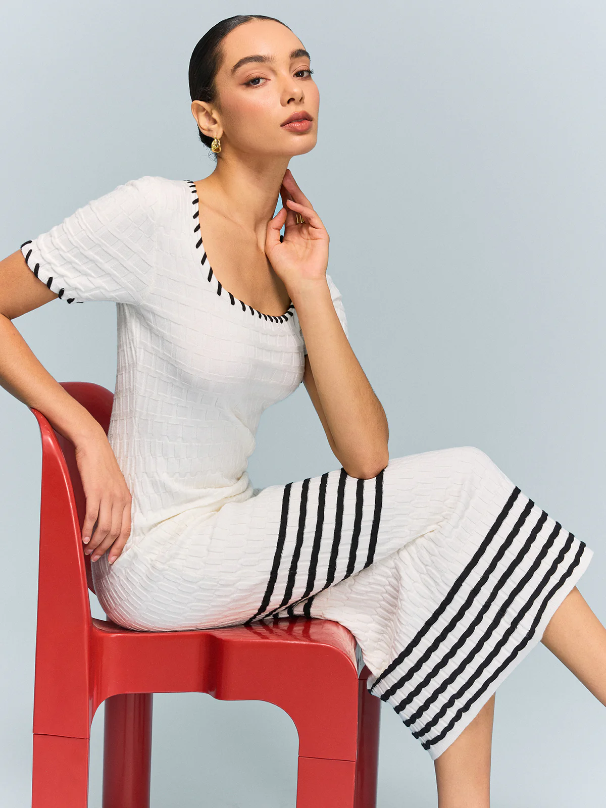Textured Knit Midi Dress with Striped Hem - Image 2