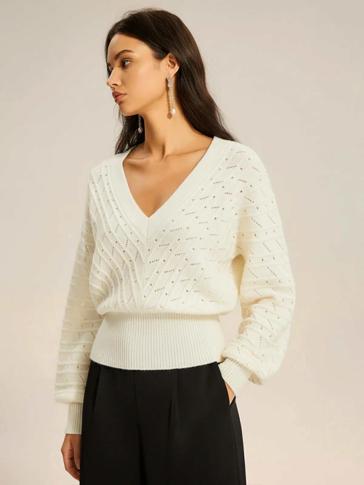 Textured Openwork V-Neck Lantern Sleeve Sweater - Image 2