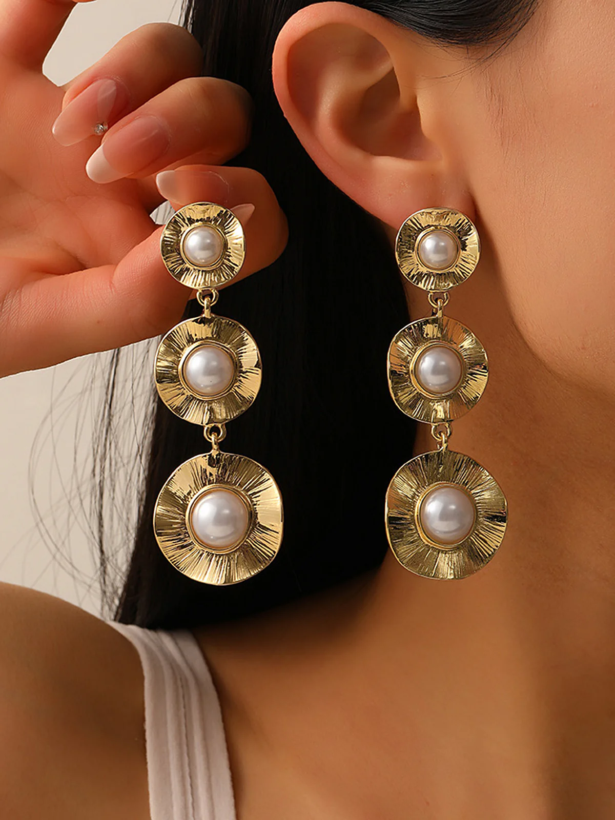 Textured Pearl Tiered Earrings - Image 2